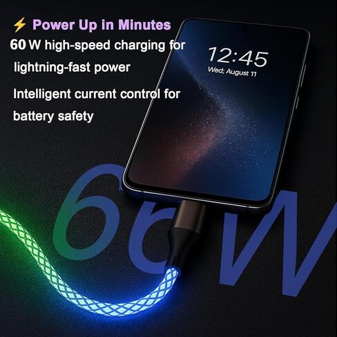 Light Up C to C Cable LED USB C إلى كتابة C Cable Cable متوهجة شحن سريع كابل UP ل Samsung Galaxy S24 S23 S22 S20 Ultra ، iPhone 15 16 Pro Max Plus ، iPad Mini Pro Air in Kuwait