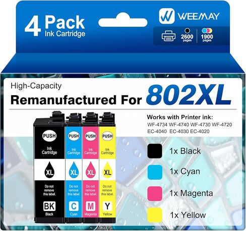 Weemay 802xl Ink Cartridge Remanufactured Replacement for Epson 802 802XL Ink Cartridges Combo Pack for Epson Workforce Pro WF-4720 WF-4730 WF-4734 WF-4740 EC-4020 EC-4030 Printers (4 Pack) in Kuwait