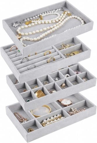 AIRZSNRY Jewelry Drawer Organizer, Velvet Jewelry Storage Inserts, Stackable Jewelry Holder Tray for Drawer, Stacking Accessories Display for Dresser(Grey,Set of 4) in Kuwait