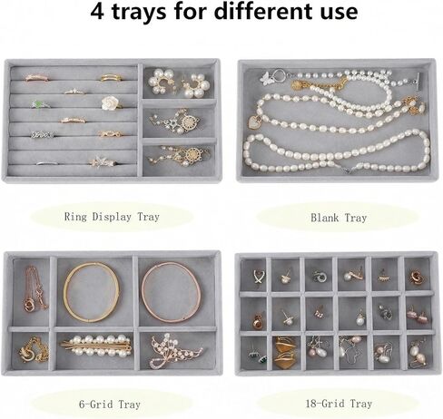 AIRZSNRY Jewelry Drawer Organizer, Velvet Jewelry Storage Inserts, Stackable Jewelry Holder Tray for Drawer, Stacking Accessories Display for Dresser(Grey,Set of 4) in Kuwait