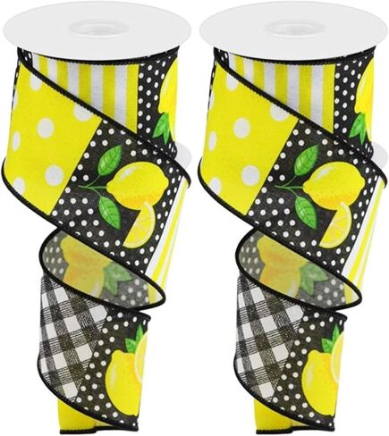 Craig Bachman, 2.5" Lemon Block Ribbon: Black & White (10 Yards) - Lemon Black White Yellow Wired Edge Ribbon in Kuwait