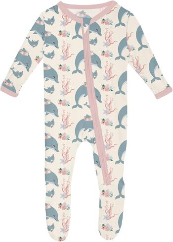 KicKee Print Footie with Zipper, Fitted Long Sleeve Pajamas, Ultra Soft Everyday One-Piece Loungewear, Baby and Kid Clothes for Boys and Girls (Stormy Sea Splashing Whales - 6-9 Months) in Saudi Arabia
