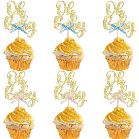 Gyufise 36Pcs Oh Baby Cupcake Toppers Pink Blue Bow Glitter Baby Shower Gender Reveal Cupcake Picks for Boy or Girl Theme Baby Shower Kids Birthday Party Cake Decorations Supplies in Kuwait