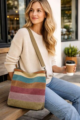 ROUROU Hobo Tote Bag for Women Top Handle Shoulder Bag Multi Color Canvas Crossbody Bag Large Capacity Handbag Casual Purse in Kuwait