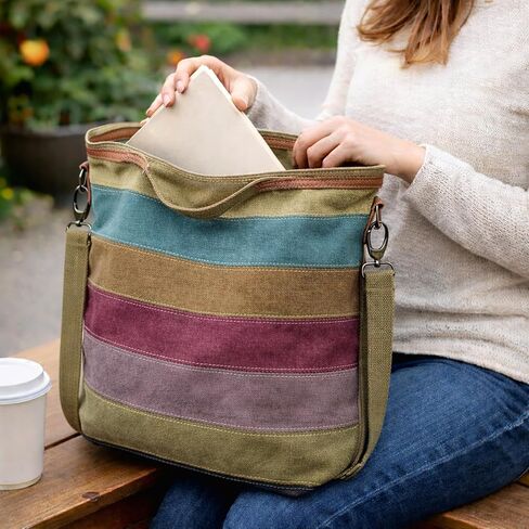 ROUROU Hobo Tote Bag for Women Top Handle Shoulder Bag Multi Color Canvas Crossbody Bag Large Capacity Handbag Casual Purse in Kuwait