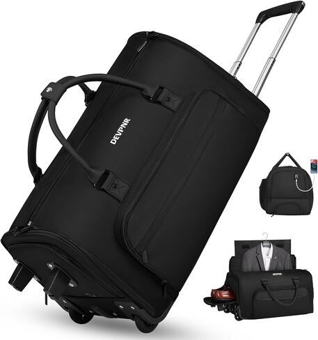 حقائب ملابس دوارة للسفر، حقيبة دفل دوارة سعة 59 لتر مع عجلات وحجرة أحذية للرجال والنساء، 3 في 1 حقيبة ملابس سفر قابلة للتحويل بعجلات، أسود in Kuwait