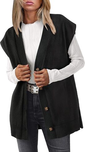 LILLUSORY Women V Neck Sweater Vest Oversized Long Cardigan Casual Vest Tops 2024 Trendy in Kuwait