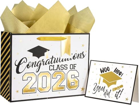 Loveinside Royal Blue and Gold Graduation Gift Bag - Congratulation Class of 2025 Design with Tissue Paper, Greeting Card and Tag for Class of 2025 Graduation Party - 13" x 5" x 10", 1 Pcs in Kuwait