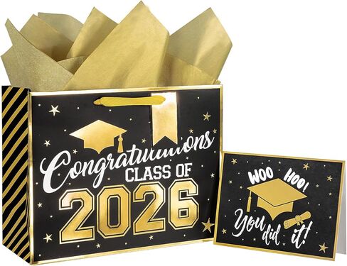 Loveinside Royal Blue and Gold Graduation Gift Bag - Congratulation Class of 2025 Design with Tissue Paper, Greeting Card and Tag for Class of 2025 Graduation Party - 13" x 5" x 10", 1 Pcs in Kuwait