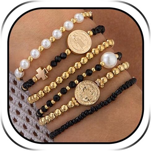 HUASAI 14K Gold Beaded Bracelets for Women Trendy Non Tarnish Gold Bracelet Stack Jewelry Sets Paperclip Cross Pearl Bracelets Set Stackable Jewelry for Birthday Christmas Gifts 2024 in Kuwait