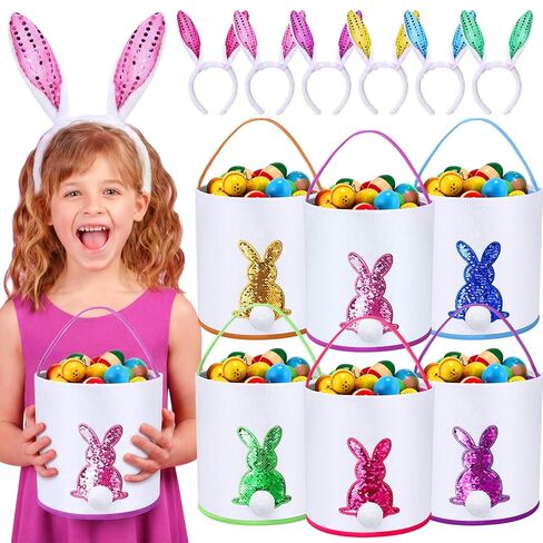 Domensi 6 Pcs Easter Basket for Kids with 6 Pcs Plush Bunny Headbands Rabbit Footprints Easter Egg Baskets Canvas Easter Bunny Basket Bags Rabbit Ear Hairband for Kids Party Favor Gifts, 6 Colors in Saudi Arabia