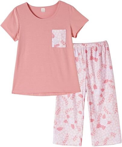 HONG HUI Women's Capri Pajama Sets Plus Size Sleepwear Top with Capri Pants 2 Piece Sleep Set in Kuwait