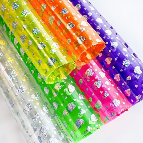 XHT 6 Pcs/Set 8.3"x11.8" Candy Color Jelly Vinyl Sheets, Fluorescent Neon Heart Pattern Clear PVC Faux Leather for Hair Bows Pouches Making, Laser Pattern in Kuwait