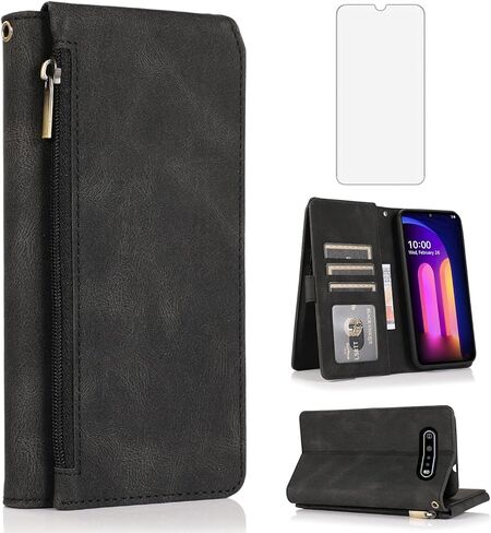 Asuwish Compatible with LG V60 ThinQ V60ThinQ 5G G9 Thin Q Wallet Case Screen Protector Zipper Retro Leather Flip Cover Card Holder Stand Cell Accessories for LGV60 V 60 60ThinQ 60V Women Men Brown in Saudi Arabia