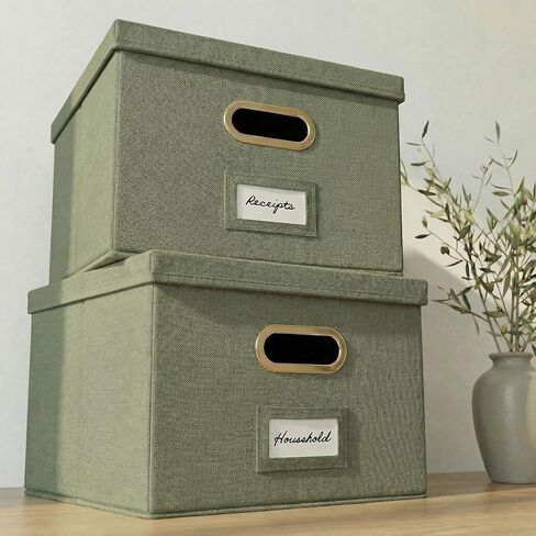 ZICOTO Decorative File Organizer Box Set of 2 - Collapsible Linen Filing Cabinets w/Handles Are Perfect to Store all Your Documents & Hanging File Folders - Portable Easy Slide File Crates with Lid in Saudi Arabia