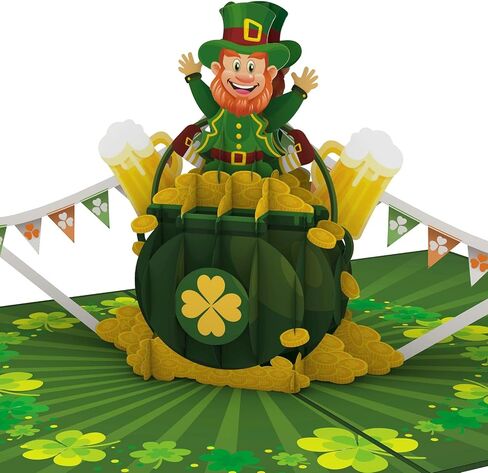 iGifts And Cards Joyful Leprechaun 3D Pop Up Greeting Card - Happy St. Patrick's Day Celebration, Irish Festivities, Spring Greenery - Lucky Charms, Four-leaf clover, Pot of Gold, 6"x8" With Envelope in Kuwait