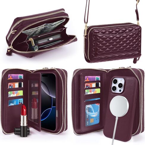 Harryshell Compatible with iPhone 15 Pro Max Case Wallet Multi Zipper Detachable Phone Cover Purse with Card Slots Mirror Crossbody Chain Wrist Strap 6.7 inch 2023 (Brown) in Saudi Arabia