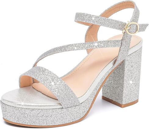 WUIWUIYU Women's Girls' Platform Heels High Block Chunky Heel Open Toe Ankle Strap Shiny Heeled Sandals Wedding Party Evening Prom Dance Dress Sandals in Kuwait