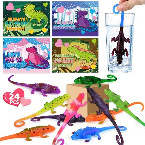 Shemira 24 Pack Valentines Day Cards for Kids, Bulk Valentines Cards for Kids with Glow in the Dark Lizards toys for School Classroom Valentine's Gifts Exchange, Valentine Party Favor in Kuwait
