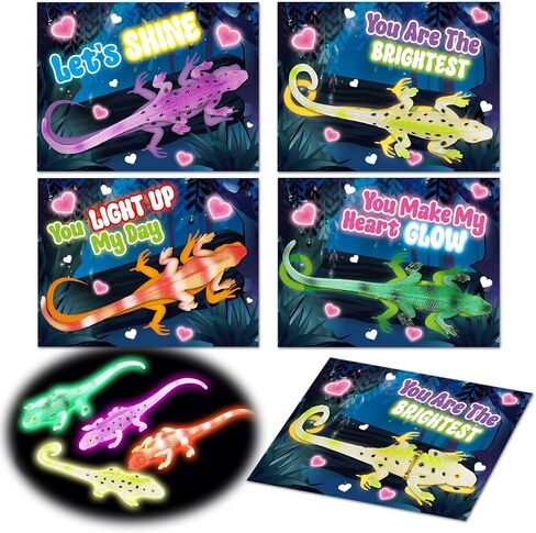 Shemira 24 Pack Valentines Day Cards for Kids, Bulk Valentines Cards for Kids with Glow in the Dark Lizards toys for School Classroom Valentine's Gifts Exchange, Valentine Party Favor in Kuwait