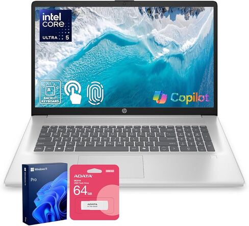 HP 17t Performance Business Laptop, 17.3" FHD Display, Intel Core i7-1355U, 64GB RAM, 2TB SSD, Fingerprint Reader, HDMI, Wi-Fi 6, Backlit KB, W11P, Silver, with ADATA 512GB External SSD Bundle in Saudi Arabia