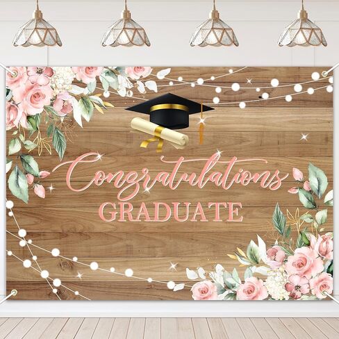 Avezano Rustic Wood Graduation Banner Congratulations Graduate Party Decorations Background Pink Floral Grad Banner Backdrop for Photography 70.8x43.3 inch in Saudi Arabia