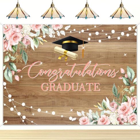 Avezano Rustic Wood Graduation Banner Congratulations Graduate Party Decorations Background Pink Floral Grad Banner Backdrop for Photography 70.8x43.3 inch in Saudi Arabia