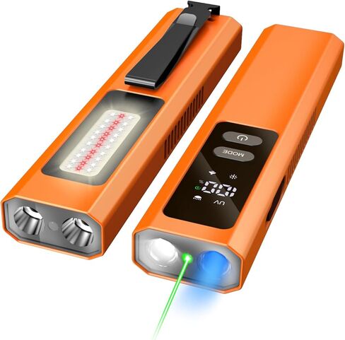EDC Flat Flashlight High Lumens, Rechargeable Pocket Light with White/Warm LED, UV, Gream Beam, Flash Combo, 4 Bright Modes, Double Magnetic Base, for Outdoors, Emergency, Work, Detection (Orange) in Saudi Arabia