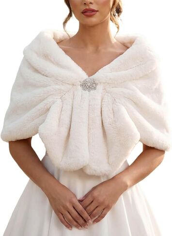 Yikisdy Wedding Faux Fur Shawl 20s Rabbit Wraps Bridal Fur Cover Up Party Cloak Coat Sweater Accessories for Women and Girls in Kuwait