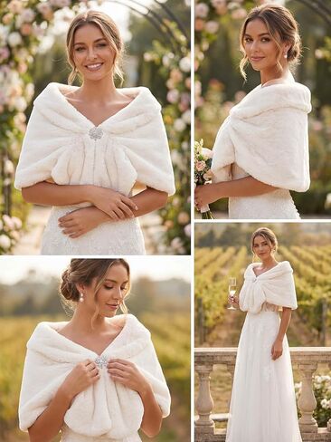 Yikisdy Wedding Faux Fur Shawl 20s Rabbit Wraps Bridal Fur Cover Up Party Cloak Coat Sweater Accessories for Women and Girls in Kuwait