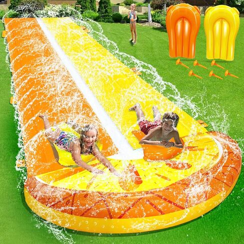 [ 3 Sided Safe Fence ] Pineapple Lawn Water Slides with 2 Bodyboards for Kids Adults, Heavy Duty Water Toys Sprinkler 2 Race Lane Outdoor Summer Beach Swimming Pool Water Game Party, 20 x 5.6 ft in Kuwait