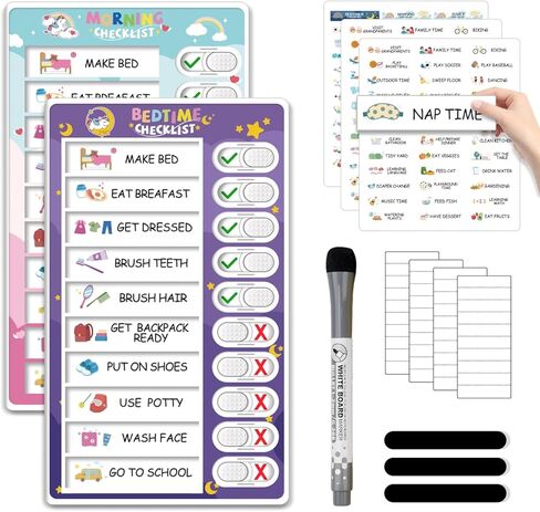 مخطط روتيني 2 في 1 لوقت النوم/الصباح للأطفال الصغار، مخطط عمل مغناطيسي للأطفال، جدول مرئي لطيف للوحة جدول الأطفال للمنزل، قائمة مرجعية للأطفال للقيام بقائمة أدوات ADHD للأطفال in Kuwait