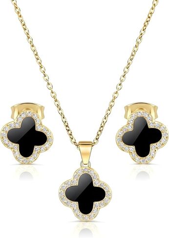 Four Leaf Black Clover Necklace Earring Set for Women 18K Gold Plated Stainless Steel Crystal Pendant 4 Leaf Lucky Ear Studs Jewelry Gift for Mother and Daughter (Gold Set) in Kuwait
