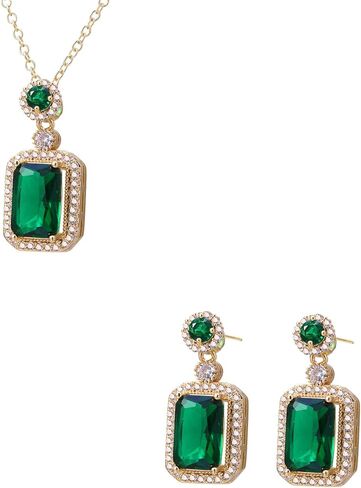 Lonbamu Women Jewelry Set Rhinestone Zircon Emerald Pendant Necklaces & Earrings Set 925 Sterling Silver Created in Kuwait