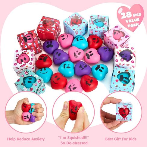 Joyin 28 Pack Valentine Heart Jetors - ابتسامة الوجه ألعاب الضغط مع صندوق هدايا تحت عنوان ، ووجه كرات تخفيف الإجهاد الرغوة لصالح الحفلات ، وتبادل الفصول الدراسية ، ومكافأة اللعبة in Kuwait