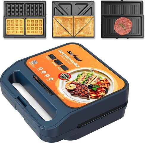 Sunvivi 3 in 1 Sandwich Maker, Electric Waffle Maker with Removable Non-stick Plates, 850W Panini Press Grill with Glass Top, Cool Touch Handle & Easy to Clean, Black in Saudi Arabia