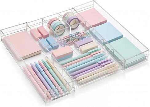 Acrylic Drawer Organizer Expandable Clear Adjustable Drawer Organizer Pens Notebook Ruler Makeup Tray with 7 Adjustable Compartments for Desk, Office, Kitchen, Bathroom Supplies in Saudi Arabia