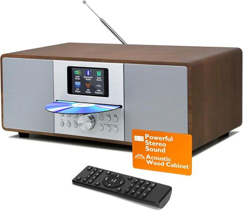 MS4 CD Player FM Radio HiFi System I Bluetooth I Powerful Stereo System I FM Digital Radio IAcoustic Wood Cabinet I CD Player with Speakers I 40 Presets,Headphone Jack I Walnut Finish in Kuwait