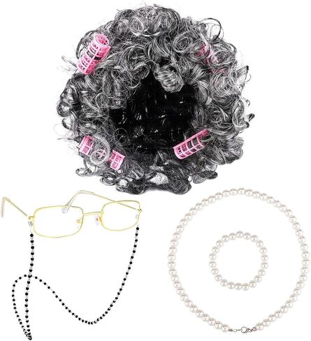 URATOT 5 Pieces 100 Days of School Old Lady Wig Costume Set Grandma Wig with Hair Rollers Glasses Chain Necklace Bracelet in Kuwait