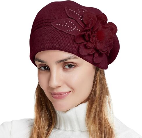 قبعة نسائية على شكل زهرة، قبعة بيريه شتوية سميكة بطبقة مزدوجة، قبعات بيريه فرنسية أنيقة للنساء in Kuwait