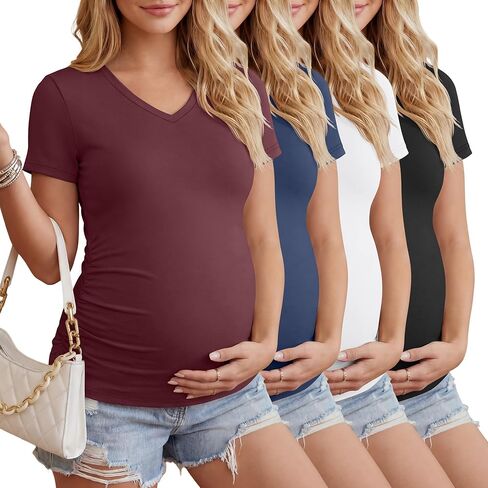 Huukeay 4 Pack Women's Maternity Shirts, V Neck Maternity Top Short Sleeve Casual Tee Side Ruched Pregnancy Clothes in Saudi Arabia