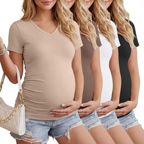 Huukeay 4 Pack Women's Maternity Shirts, V Neck Maternity Top Short Sleeve Casual Cotton Tee Side Ruched Pregnancy Clothes in Saudi Arabia
