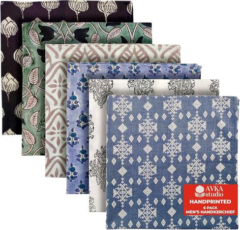 AVKA Studio Men's Handkerchiefs – 100% Cotton, 16x16 Soft Handcrafted Hankies for Men – Sweat Absorbing, Machine Washable, Thin & Lightweight - Pack of 6 in Kuwait
