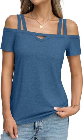 Micticsi Women's Short Sleeve Cold Shoulder Tops Sexy Casual Cute Summer Cut Out Blouse Criss Cross Shirts for Women 2023 in Kuwait