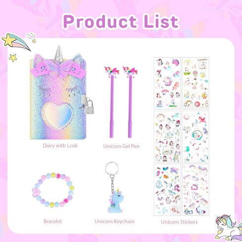 homicozy Unicorn Diary with Lock,Gift for 6 7 8 Year Old Girl,Glitter Seceret Journal for Kids with 160 Pages,Shiny Notebook for Writing and Drawing,Cute Stationery Back to School Gift in Kuwait