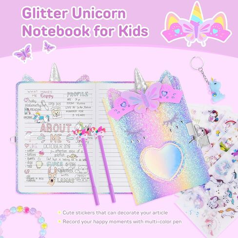 homicozy Unicorn Diary with Lock,Gift for 6 7 8 Year Old Girl,Glitter Seceret Journal for Kids with 160 Pages,Shiny Notebook for Writing and Drawing,Cute Stationery Back to School Gift in Kuwait