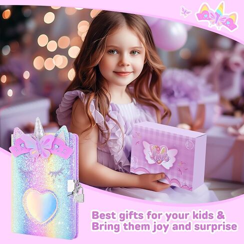 homicozy Unicorn Diary with Lock,Gift for 6 7 8 Year Old Girl,Glitter Seceret Journal for Kids with 160 Pages,Shiny Notebook for Writing and Drawing,Cute Stationery Back to School Gift in Kuwait