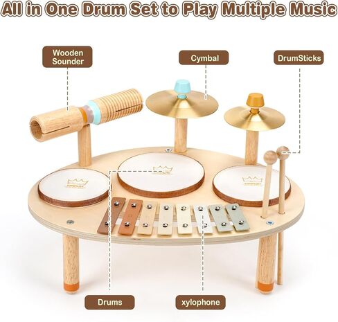 Drum Set Toys for 1 Year Old Boy Girls Gifts, Musical Instruments for Toddlers 1-3, Wooden Montessori Toys for Babies 12-18 Months with Xylophone, Christmas Birthday Gifts for Toddler Age 1-2 in Kuwait