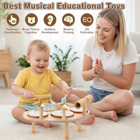 Drum Set Toys for 1 Year Old Boy Girls Gifts, Musical Instruments for Toddlers 1-3, Wooden Montessori Toys for Babies 12-18 Months with Xylophone, Christmas Birthday Gifts for Toddler Age 1-2 in Kuwait