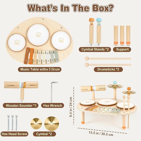 Drum Set Toys for 1 Year Old Boy Girls Gifts, Musical Instruments for Toddlers 1-3, Wooden Montessori Toys for Babies 12-18 Months with Xylophone, Christmas Birthday Gifts for Toddler Age 1-2 in Kuwait